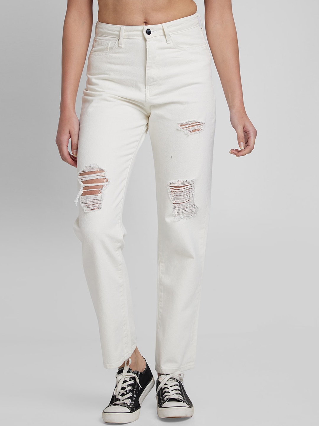 

SPYKAR Women Straight Fit High-Rise Mildly Distressed Cotton Jeans, White