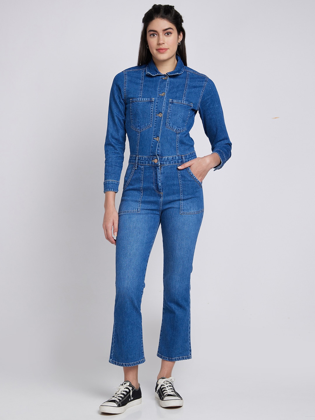 

SPYKAR Spread Collar Bootcut Fit Ankle Length Basic Jumpsuit, Blue