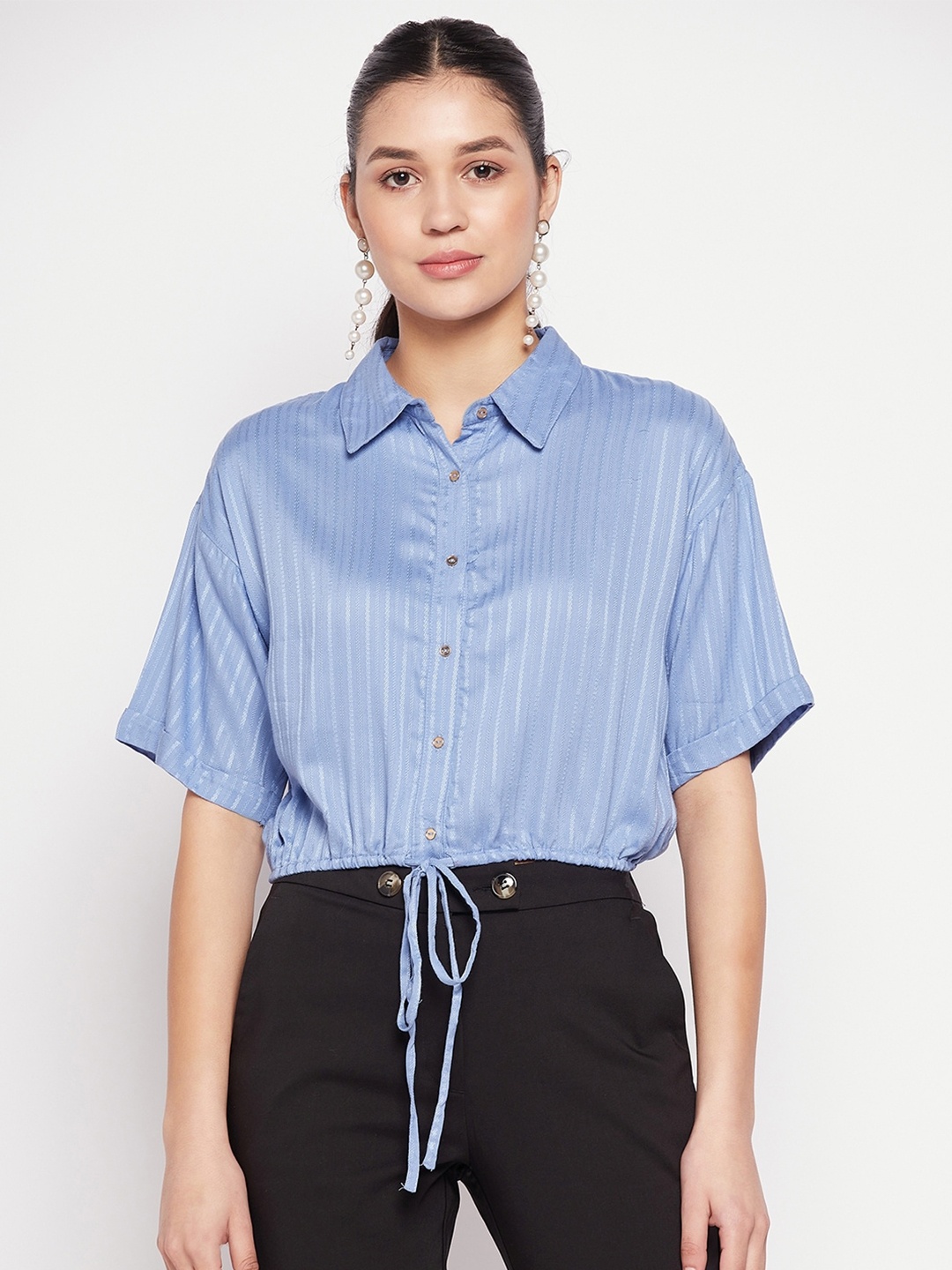 

Madame Women Spread Collar Striped Waist Tie-Ups Casual Shirt, Blue