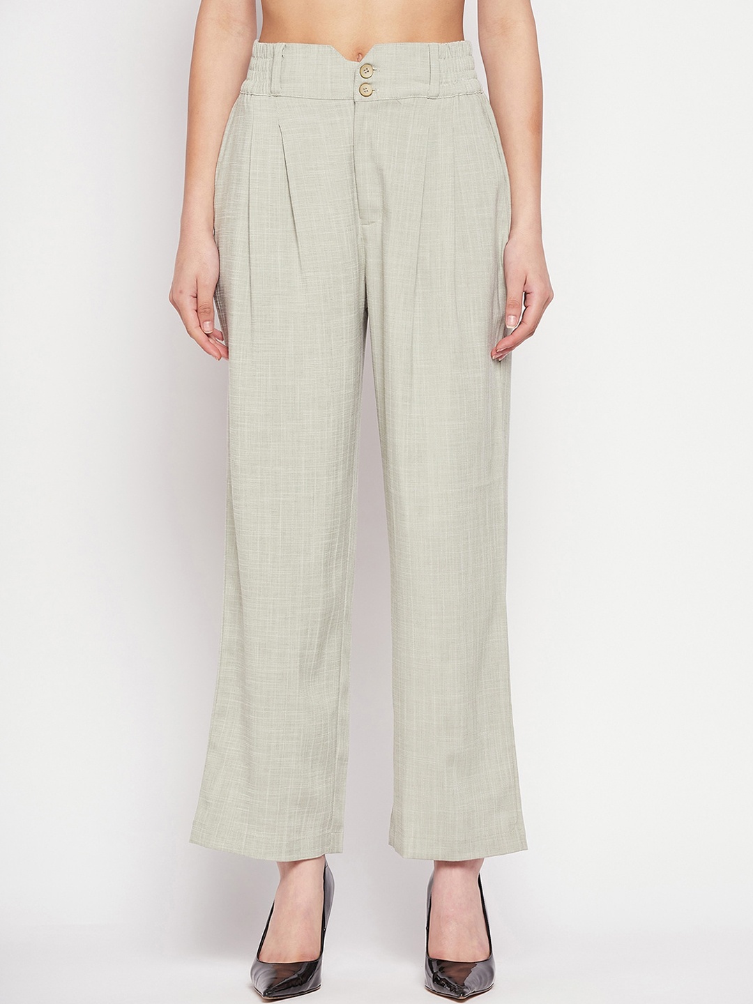 

Madame Women Mid Rise Pleated Straight Fit Parallel Trousers, Green