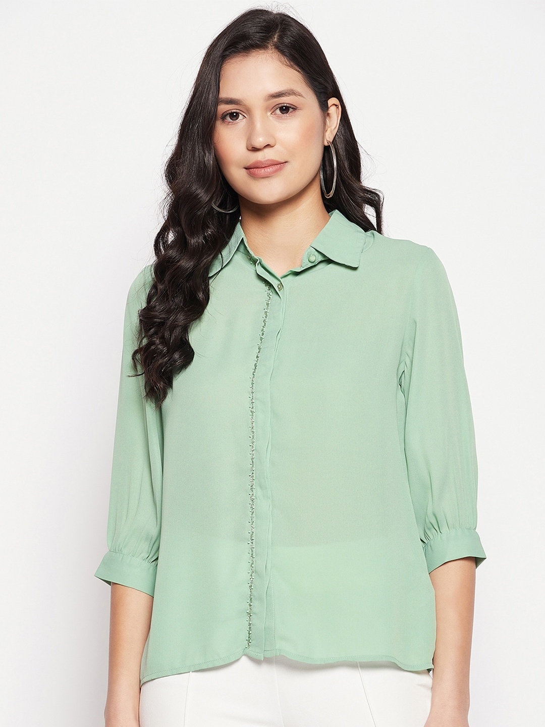 

Madame Beads & Stones Embellished Casual Shirt, Green