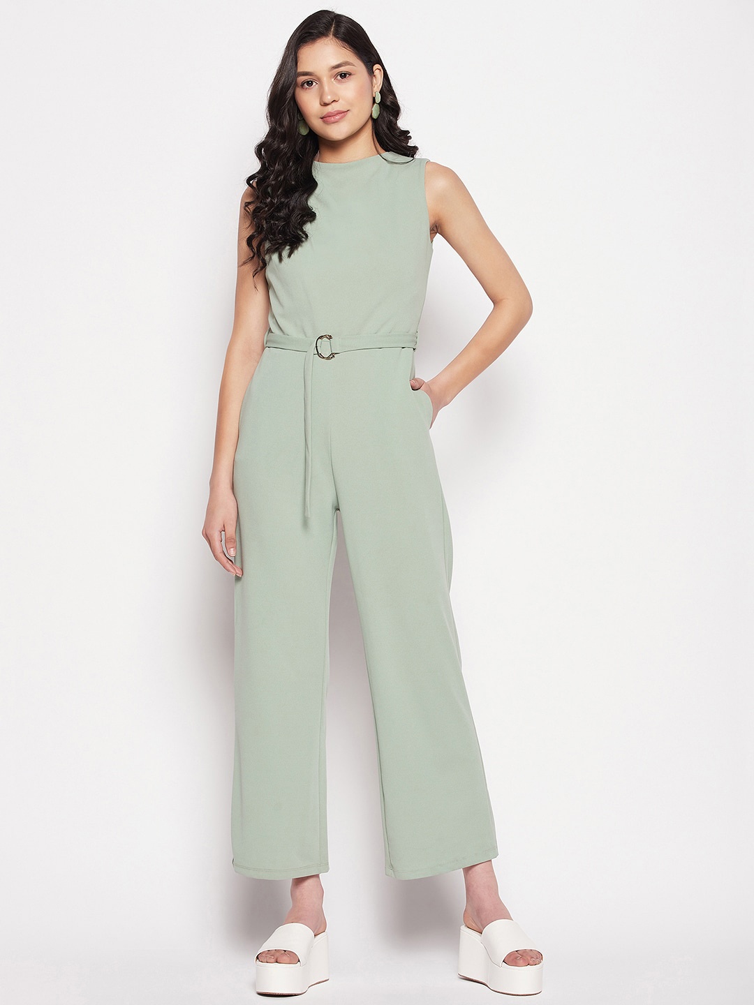 

Madame Round Neck Sleeveless Waist-Tie-Up Basic Jumpsuit, Green