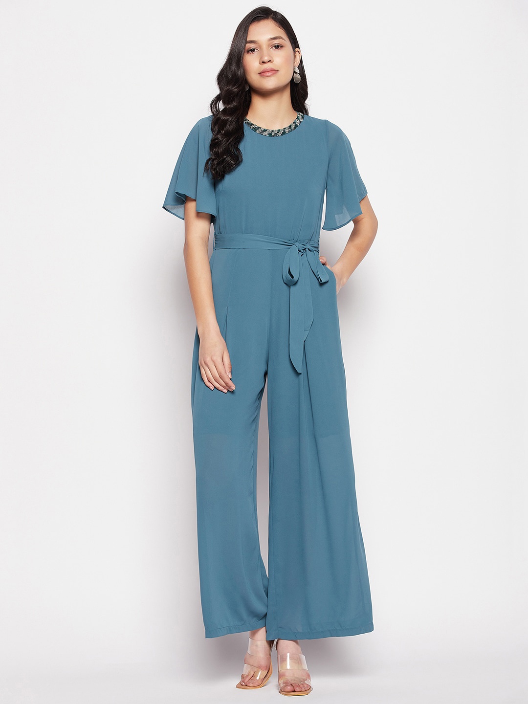 

Madame Flutter Sleeves Waist-Tie-Up Basic Jumpsuit, Teal