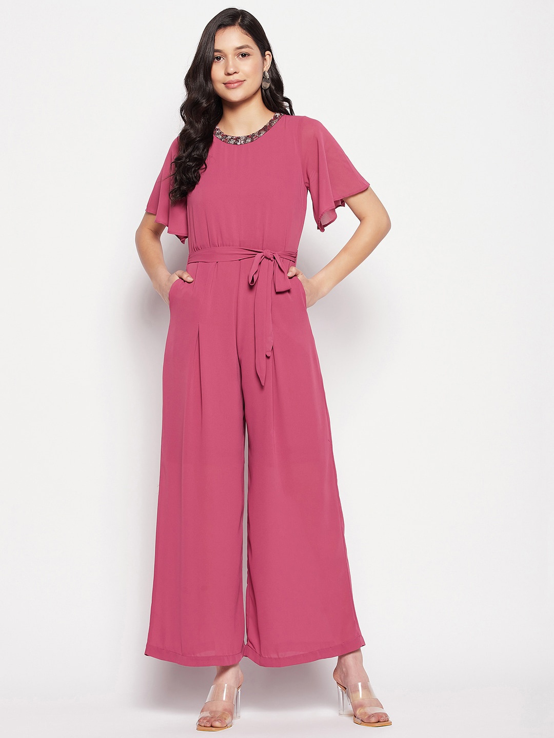 

Madame Waist Tie-Ups Short Sleeves Basic Jumpsuit, Pink