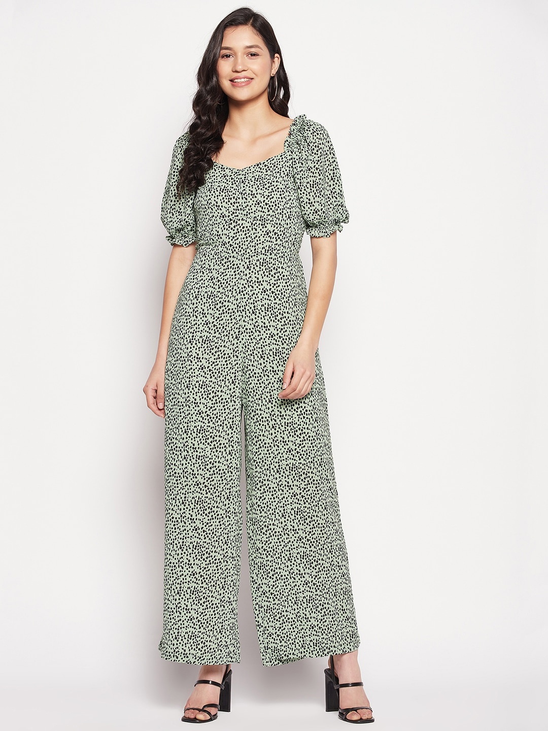 

Madame Printed Puff Sleeves Smocked Basic Jumpsuit, Green