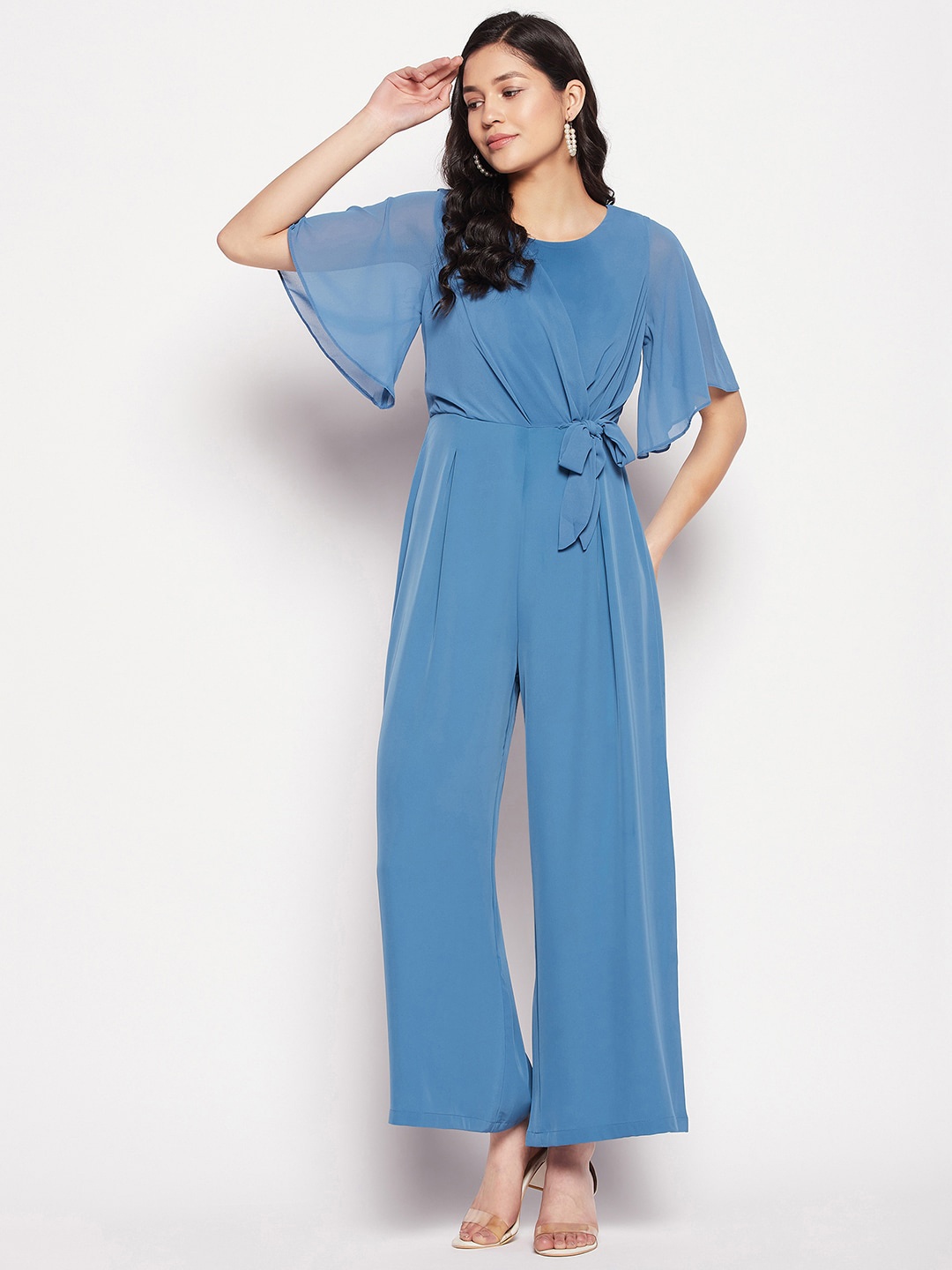 

Madame Flutter Sleeves Waist-Tie-Up Basic Jumpsuit, Turquoise blue