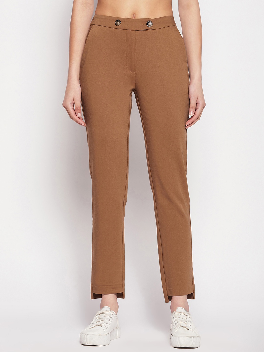 

Madame Women Mid Rise Cropped Straight Fit Cigarette Trousers, Tan