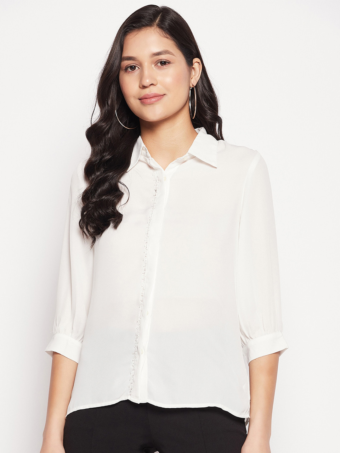 

Madame Three Quarter Embroidered High-Low Shirt, White