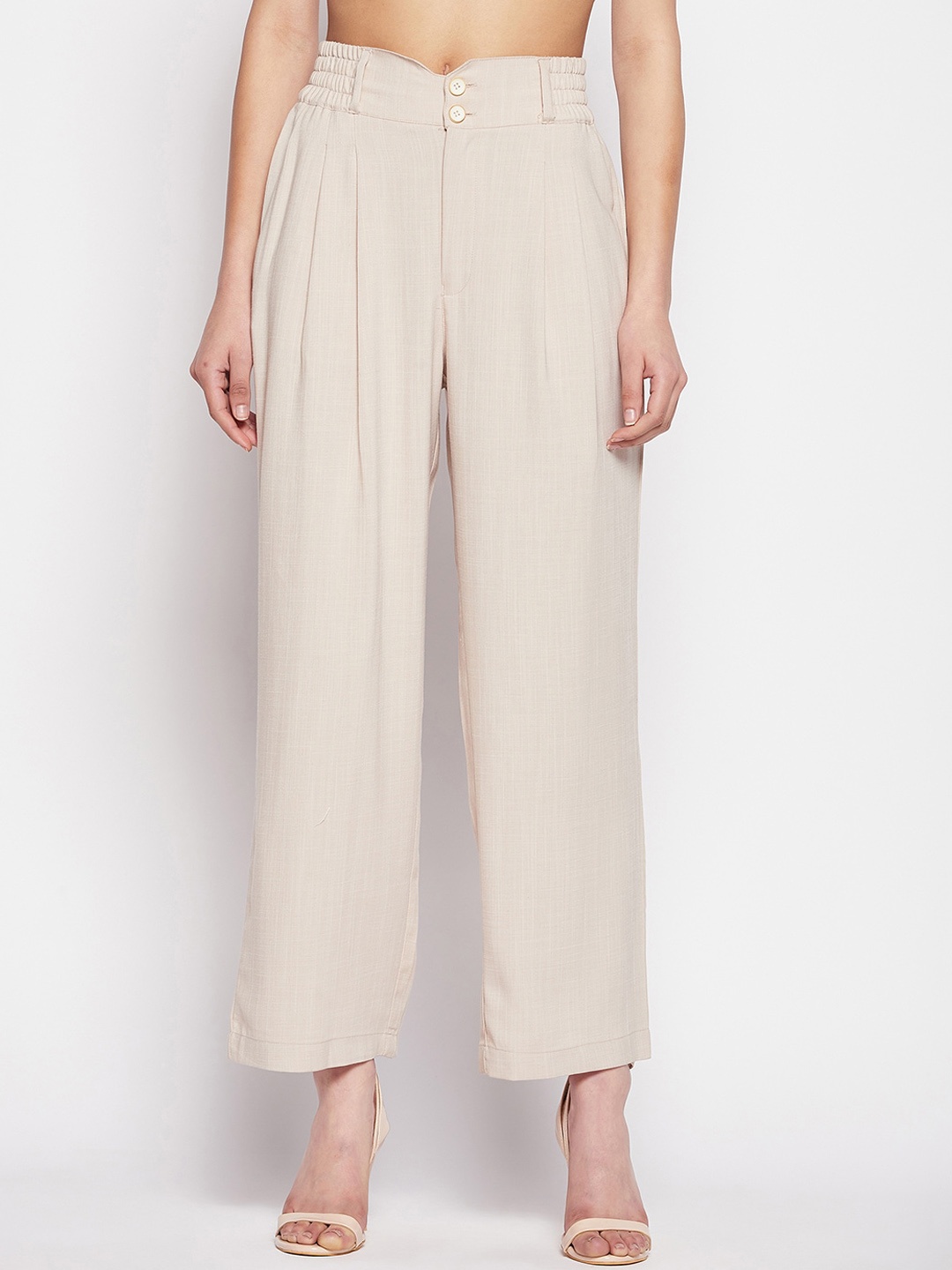 

Madame Women Mid Rise Pleated Regular Fit Parallel Trousers, Beige