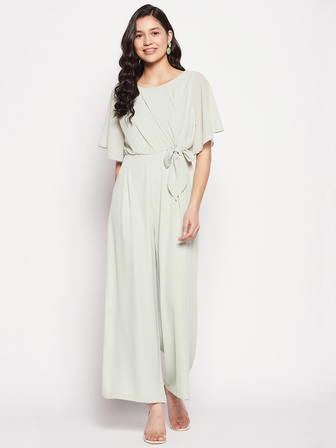 

Madame Flutter Sleeves Waist-Tie-Up Basic Jumpsuit, Green