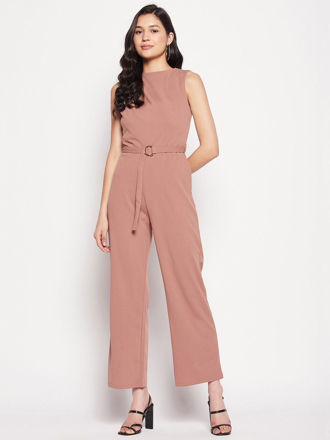 

Madame Round Neck Sleeveless Waist-Tie-Up Basic Jumpsuit, Peach