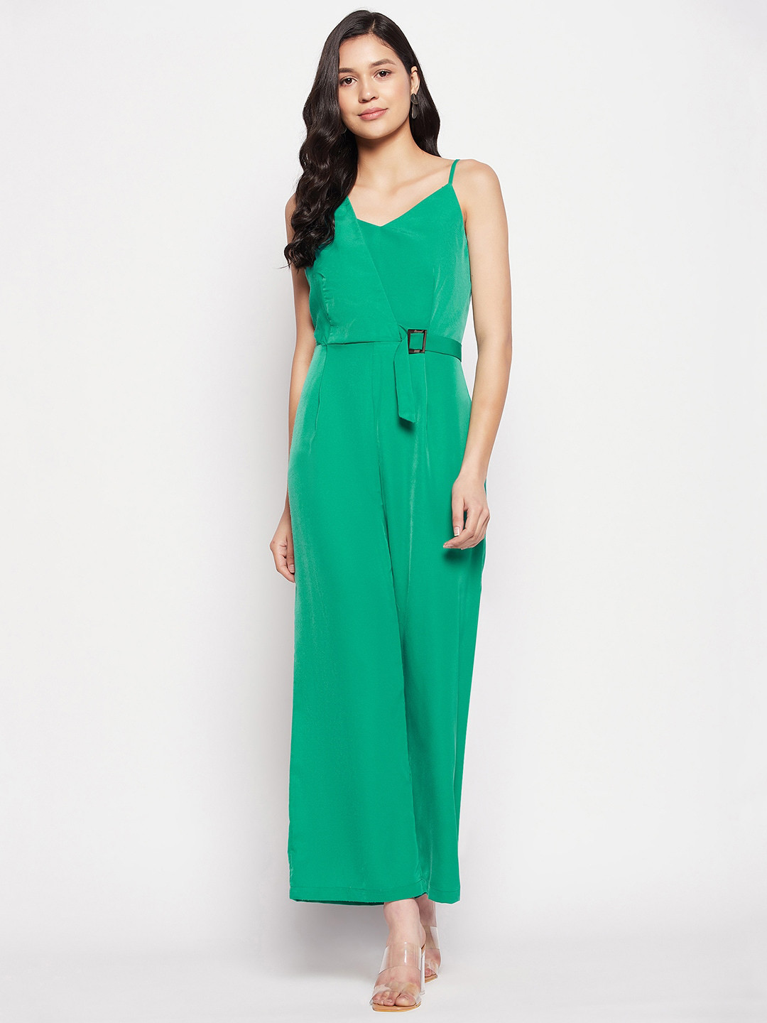 

Madame V-Neck Waist-Tie-Up Basic Jumpsuit, Green