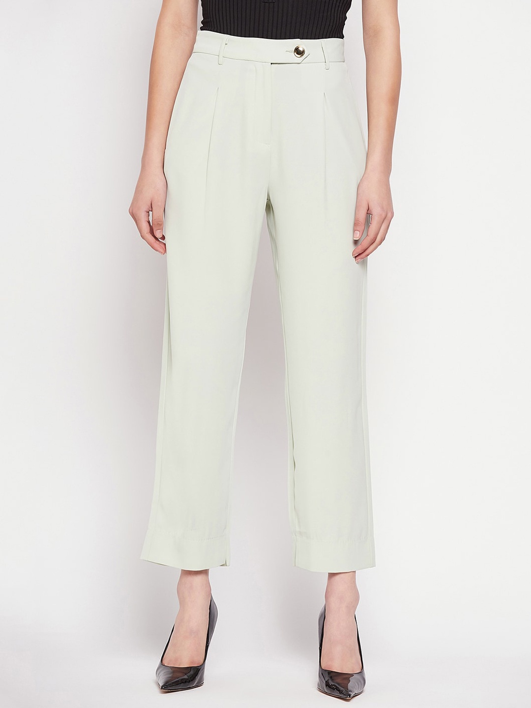 

Madame Women Mid Rise Cropped Pleated Straight Fit Trousers, Green
