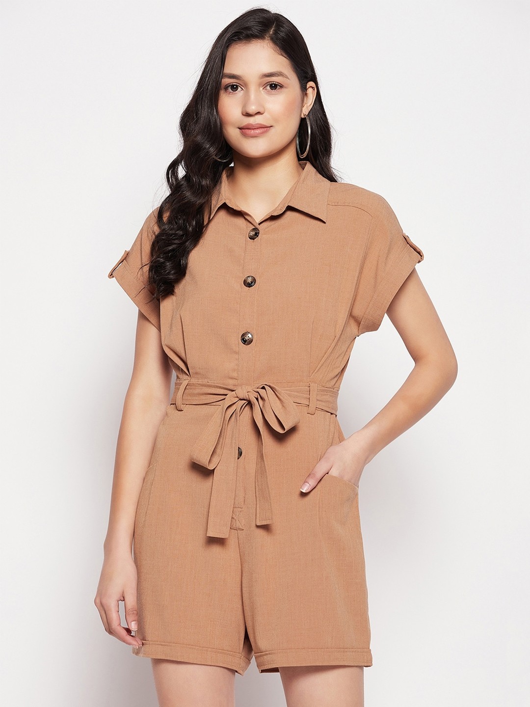 

Madame Extended Sleeves Waist-Tie-Up Play Jumpsuit, Brown