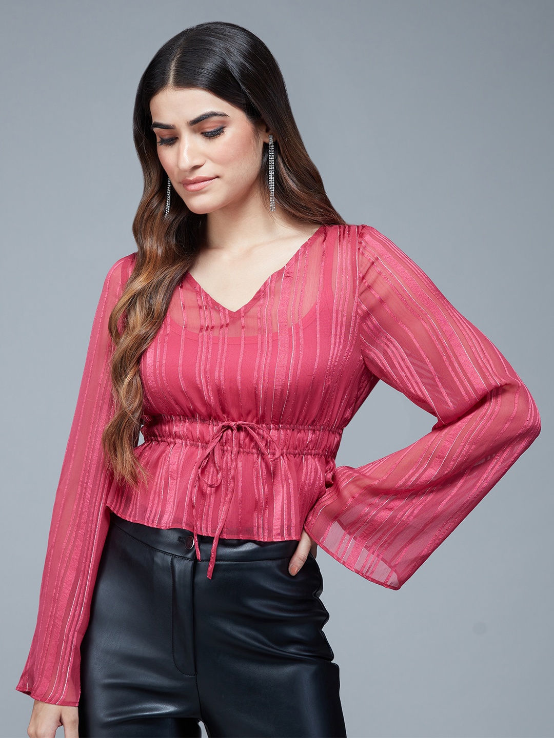

20Dresses Striped V-Neck Flared Sleeves Waist Tie-Up Cinched Waist Top, Pink
