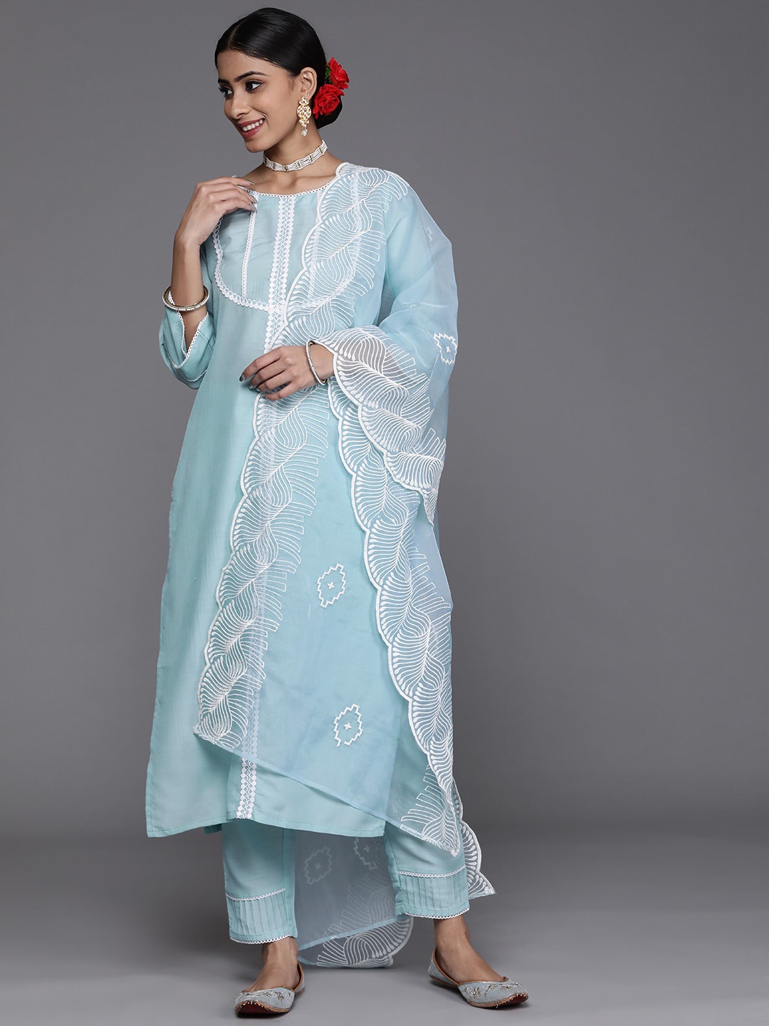 

Varanga Thread Work Straight Kurta with Trousers & Dupatta, Turquoise blue