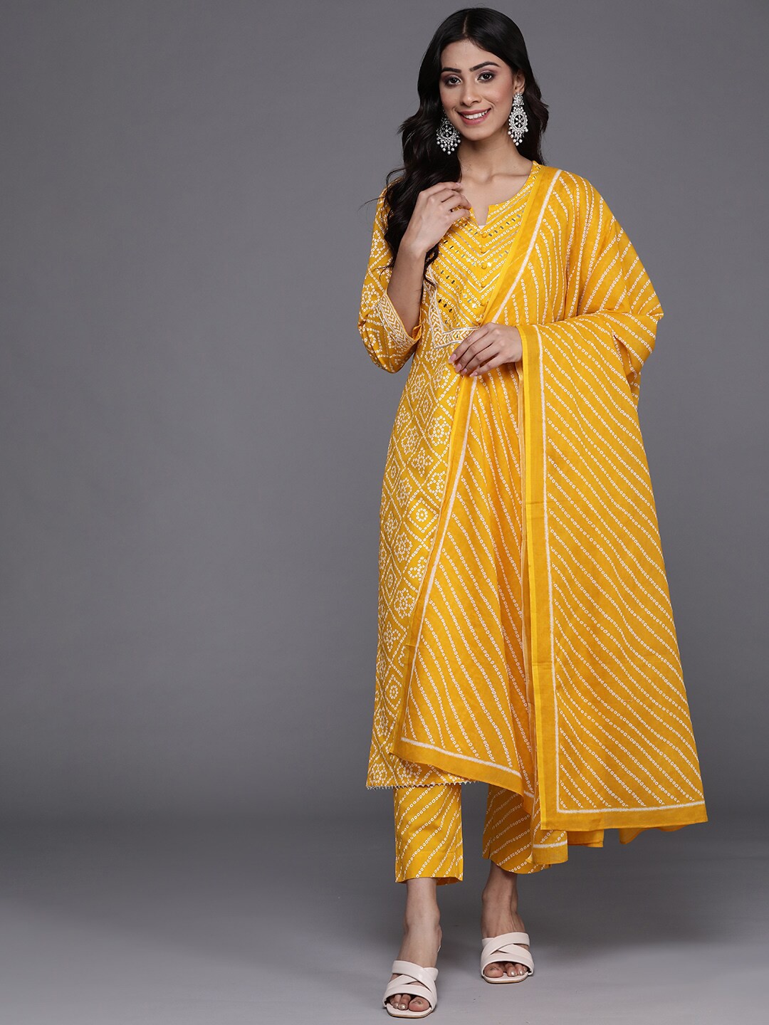 

Varanga Bandhani Printed Mirror Work Pure Cotton Kurta with Trousers & Dupatta, Yellow