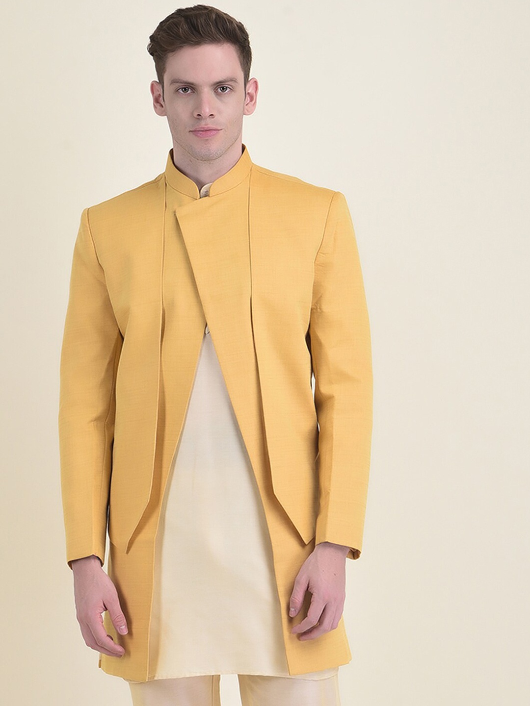 HOUSE OF DEYANN Achkan Sherwani With Kurta, Trouser Set, Yellow