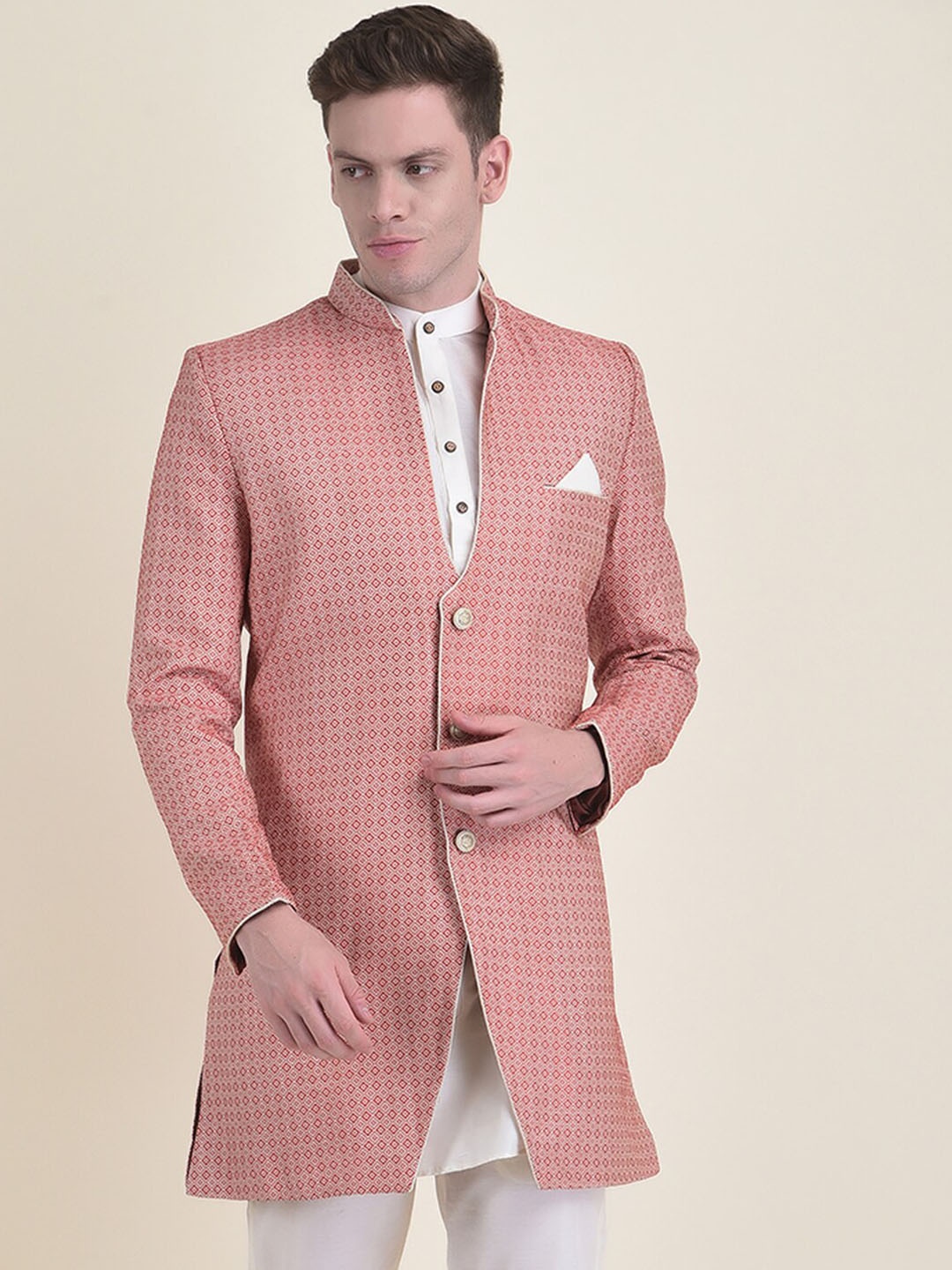 HOUSE OF DEYANN Men Woven Design Achkan 3 Piece Sherwani Set, Red