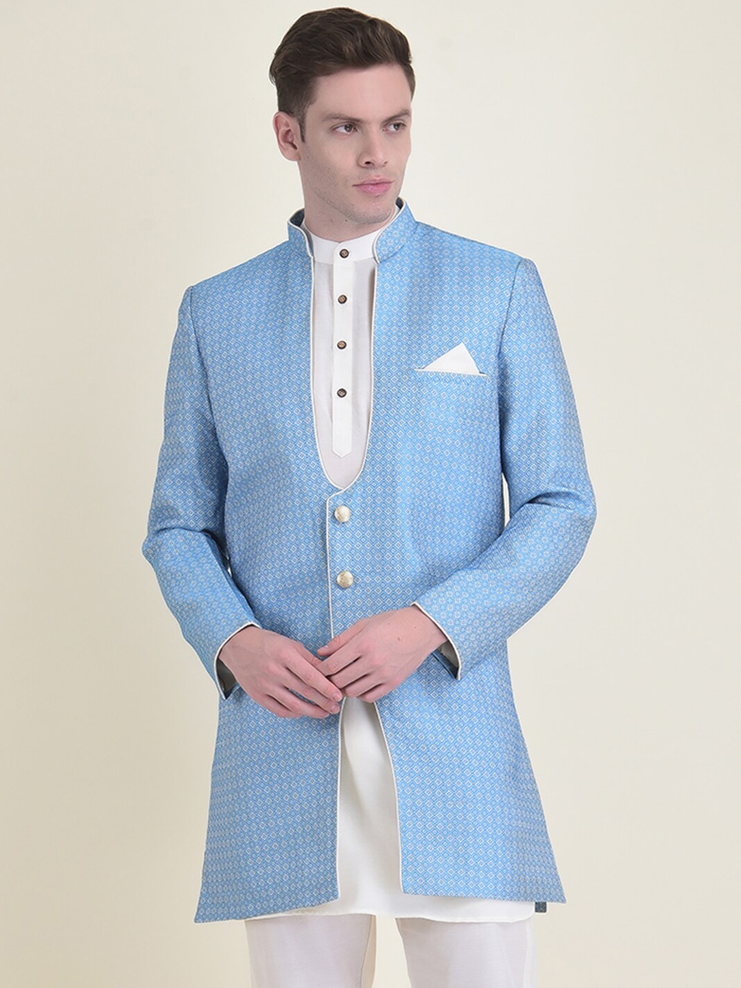 

HOUSE OF DEYANN Men Woven Design Achkan 3 Piece Sherwani Set, Blue