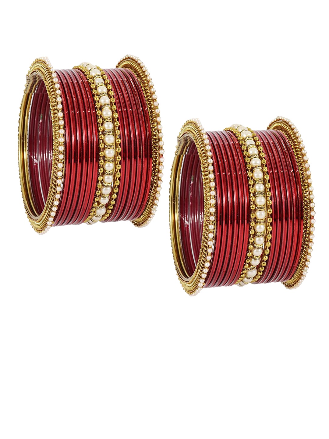 

NMII Set Of 34 Zircon Studded & Beaded Glossy Bangles, Maroon