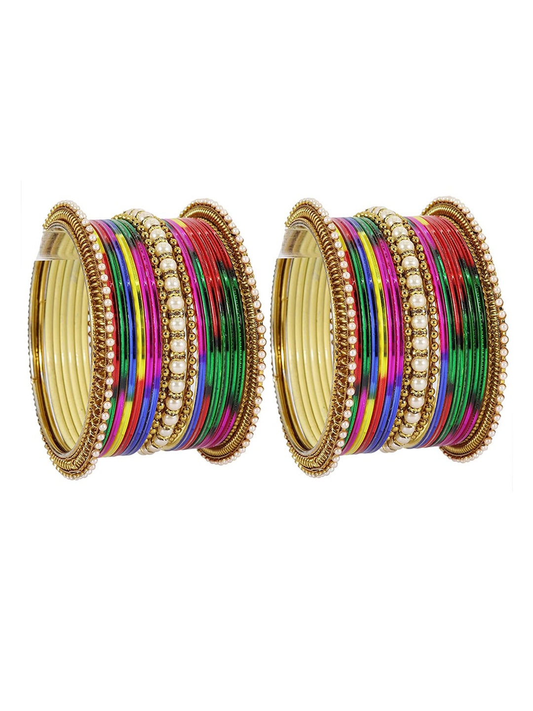 

NMII Set Of 34 Zircon Studded & Beaded Glossy Bangles, Pink