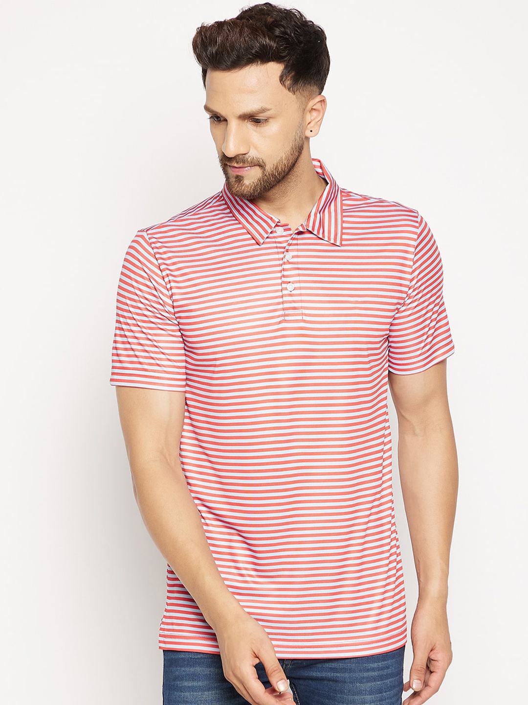 

CHILL WINSTON Striped Polo Collar Short Sleeves T-shirt, Red