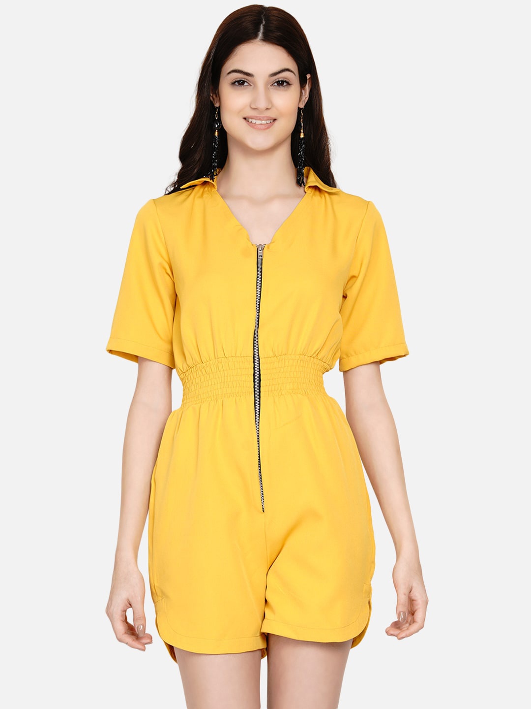 

Samshek Shirt Collar Zipped Romper Play Suit, Mustard