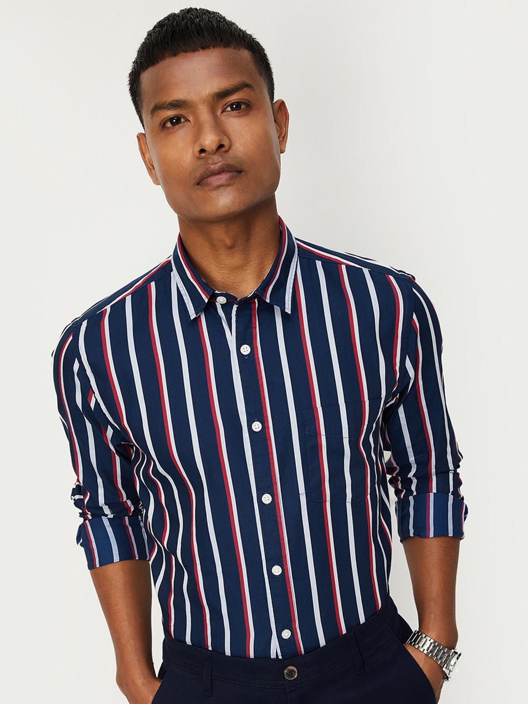 

max Striped Cotton Casual Shirt, Navy blue