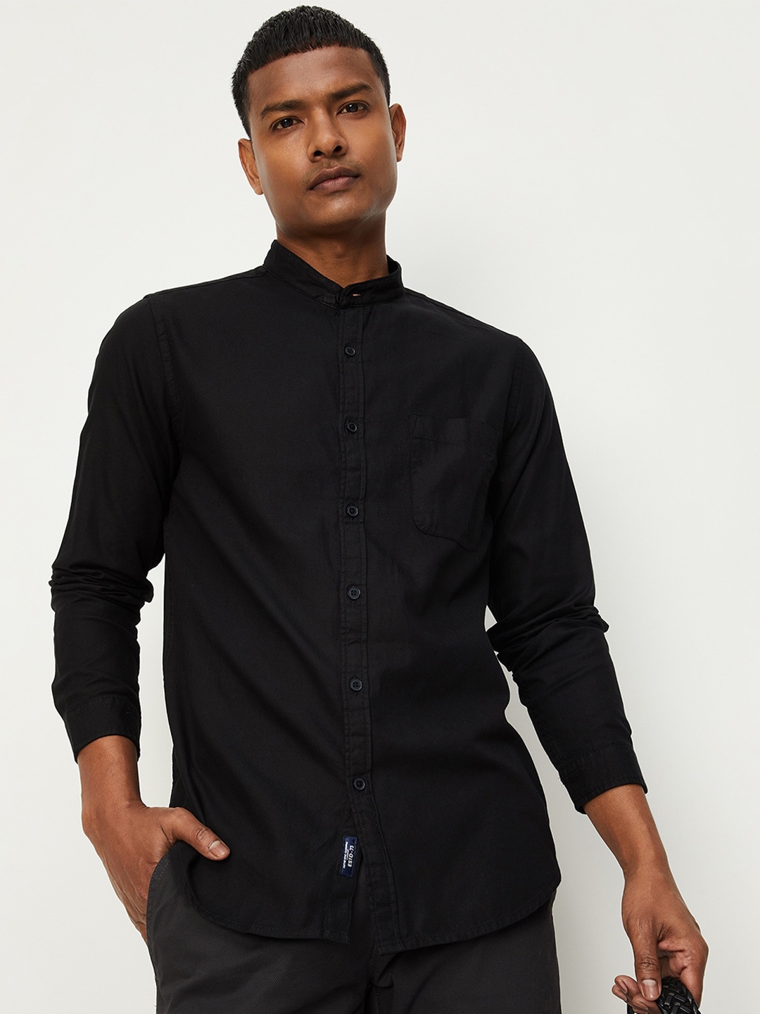 

max Mandarin Collar Pure Cotton Casual Shirt, Black