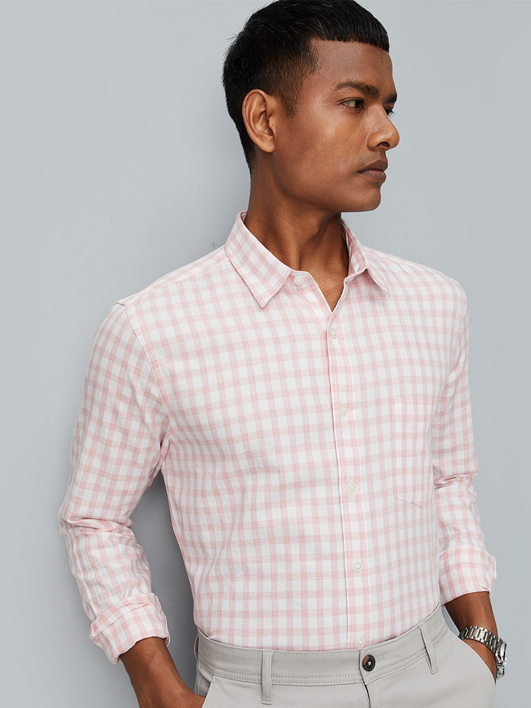 

max Gingham Checks Pure Cotton Casual Shirt, Pink