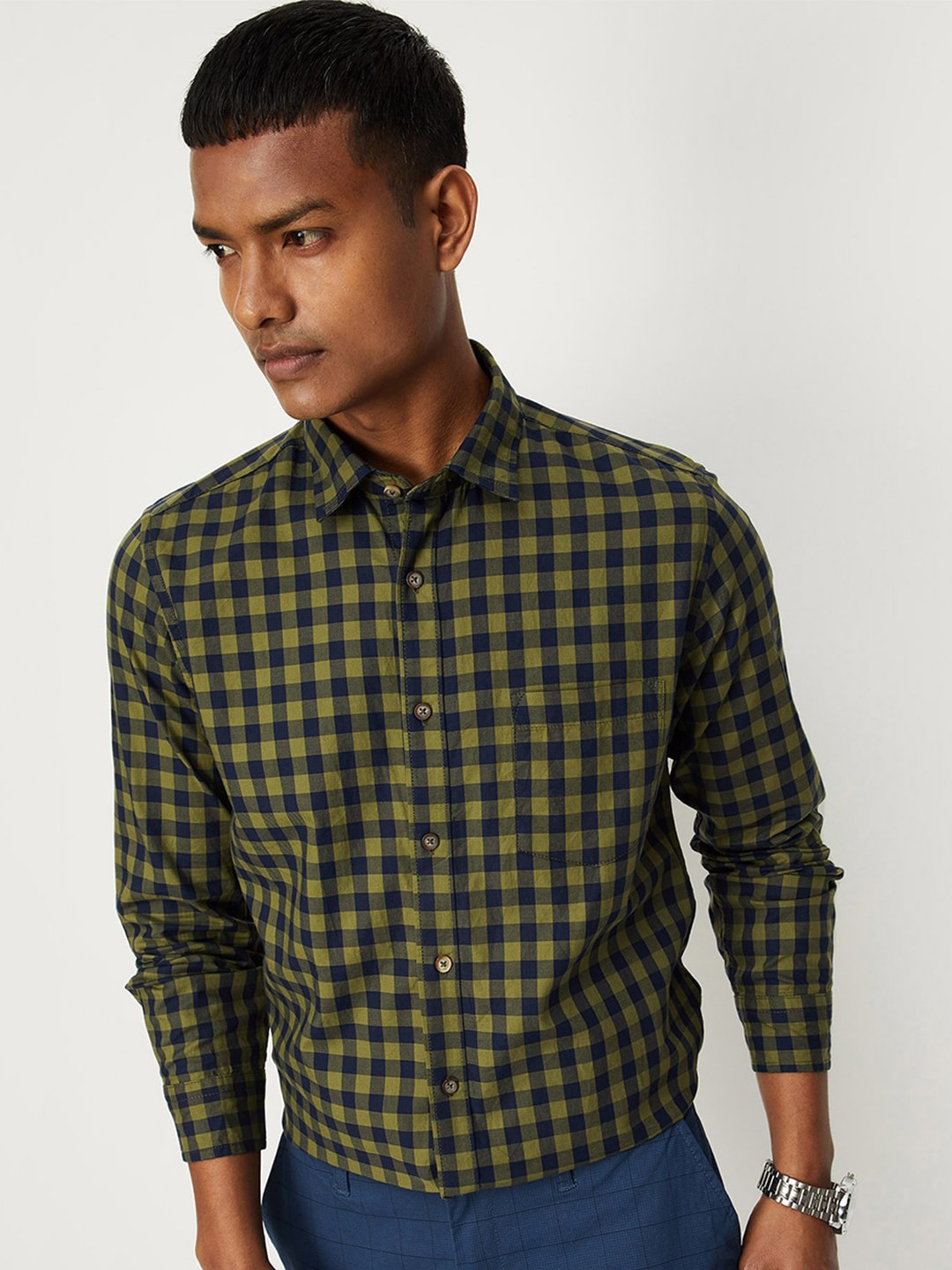 

max Men Buffalo Checked Cotton Casual Shirt, Green