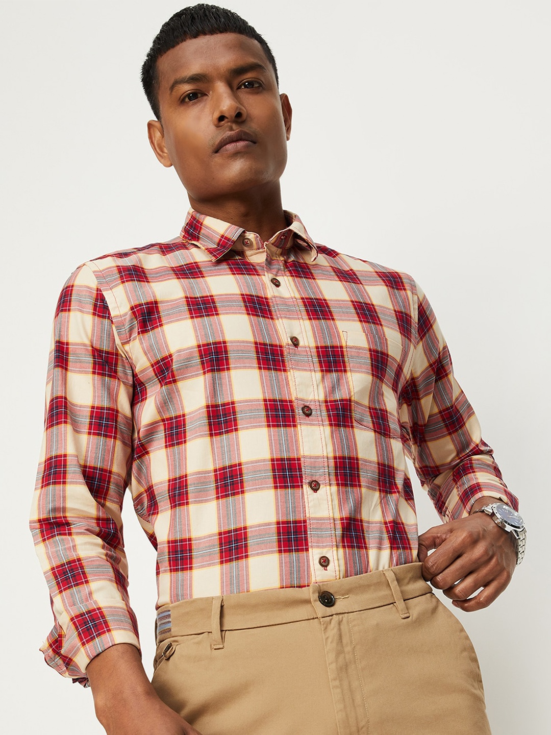 

max Tartan Checks Cotton Casual Shirt, Beige
