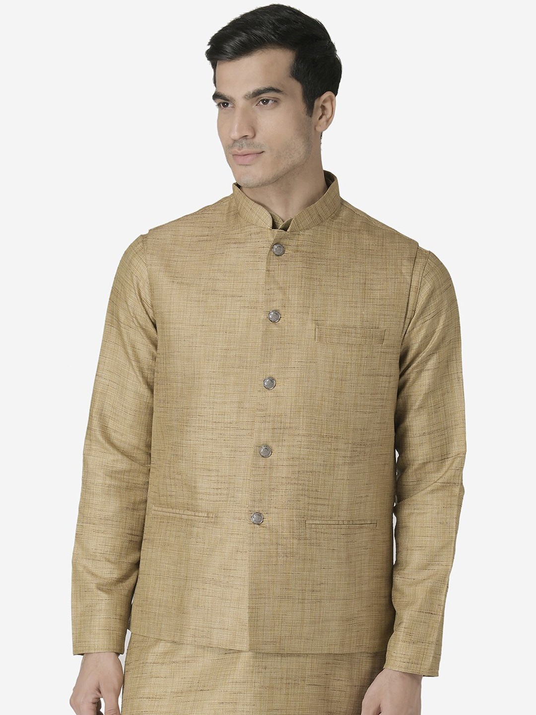 

TABARD Mandarin Collar Ethnic Silk Blend Nehru Jacket, Beige