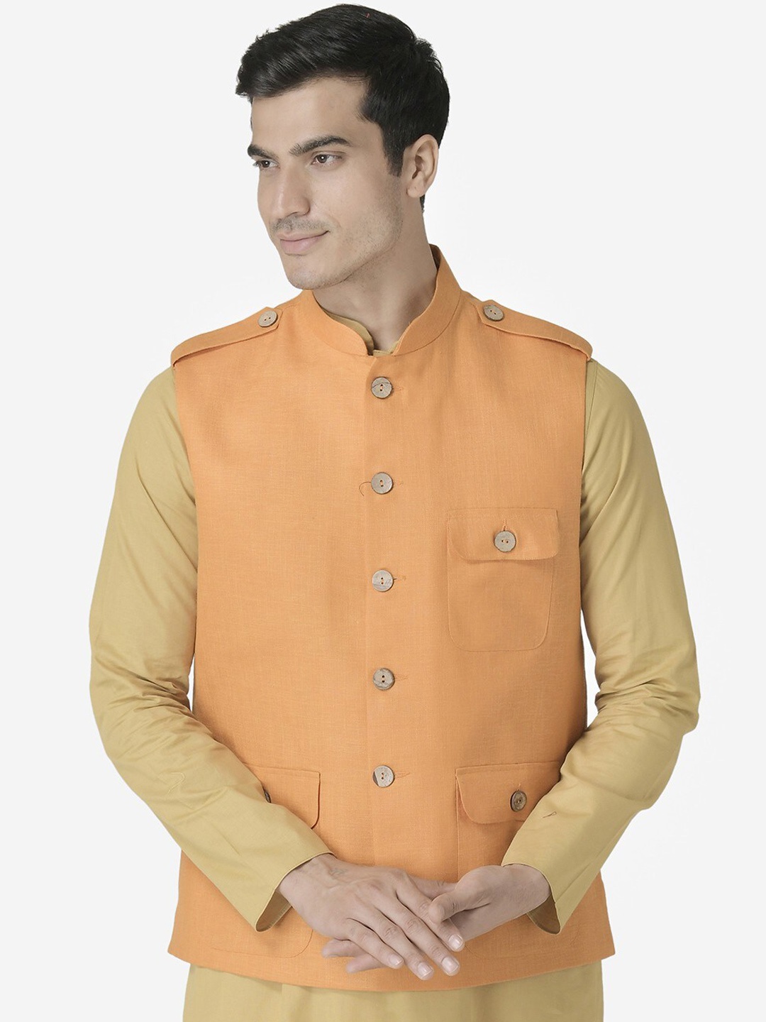 

TABARD Solid Shoulder Tabs Pure Cotton Nehru Jacket, Orange