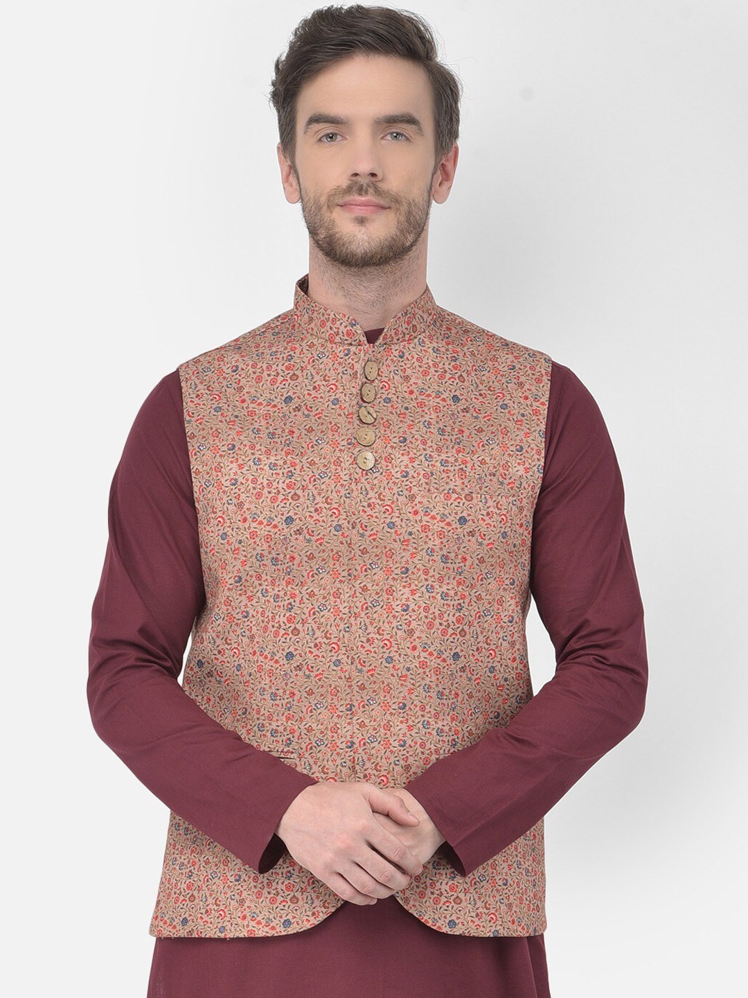 

TABARD Floral Printed Mandarin Collar Pure Cotton Nehru Jacket, Beige