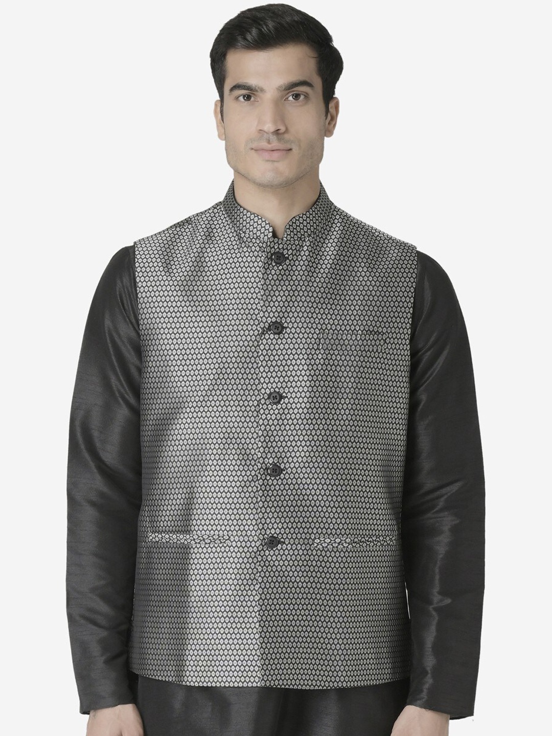 

TABARD Printed Nehru Jacket, Silver