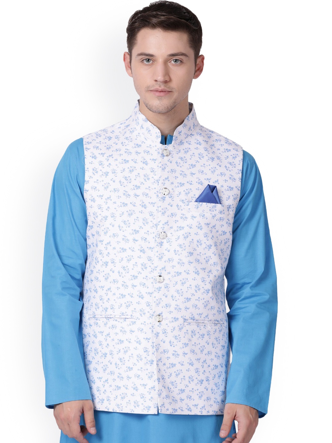 

TABARD Men Floral Printed Pure Cotton Nehru Jacket, White
