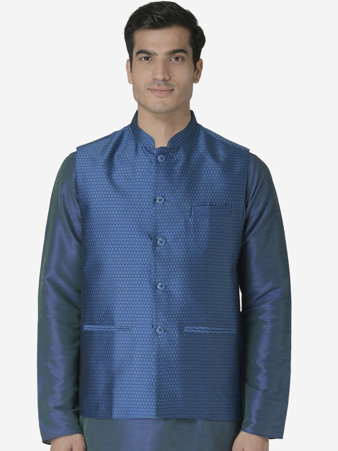 

TABARD Men Printed Mandarin Collar Nehru Jacket, Navy blue
