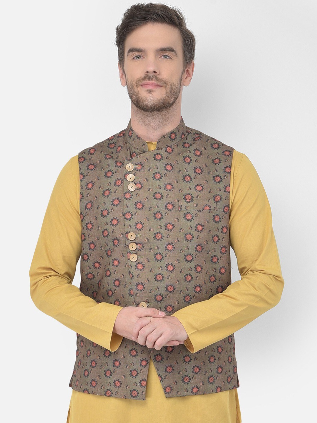 

TABARD Men Floral Printed Pure Cotton Nehru Jacket, Green