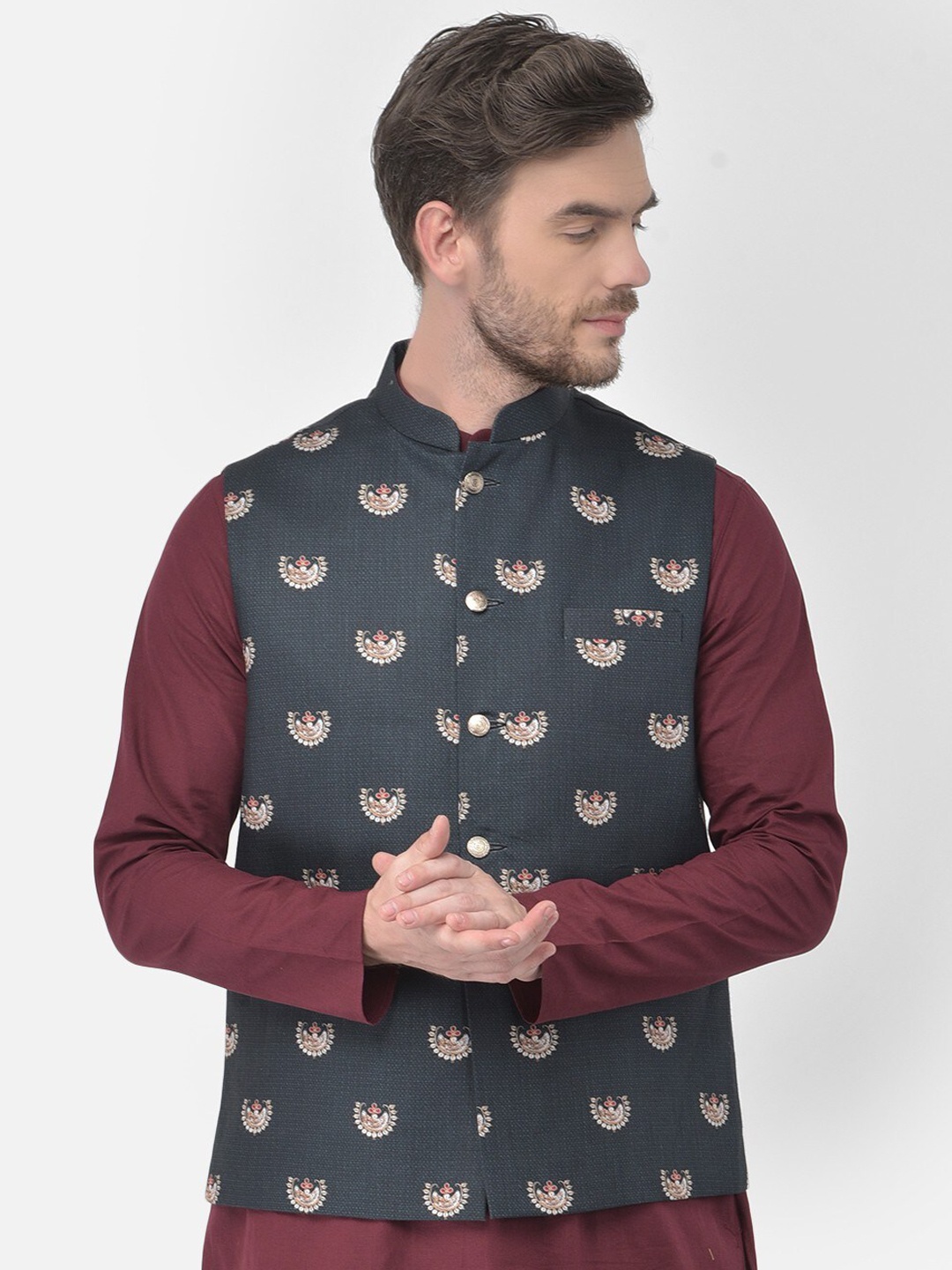 

TABARD Ethnic Motifs Printed Mandarin Collar Pure Cotton Nehru Jacket, Black