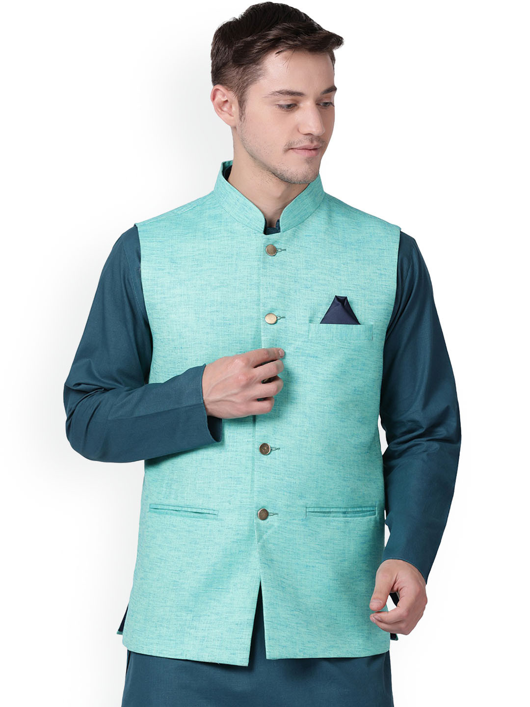 

TABARD Men Mandarin Collar Pure Cotton Nehru Jacket, Sea green