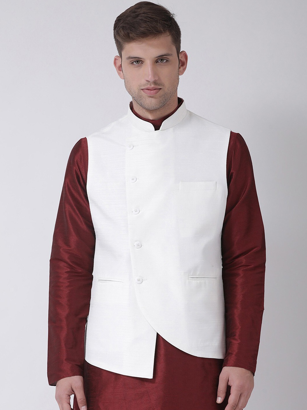 

TABARD Pure Silk Mandarin Collar Asymmetric Ethnic Nehru Jacket, White