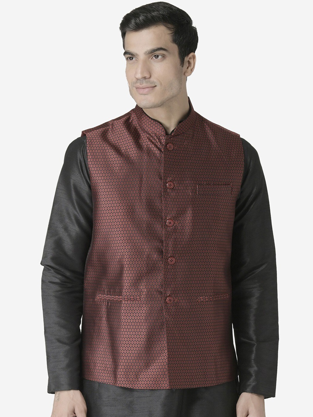 

TABARD Printed Mandarin Collar Ethnic Nehru Jacket, Red
