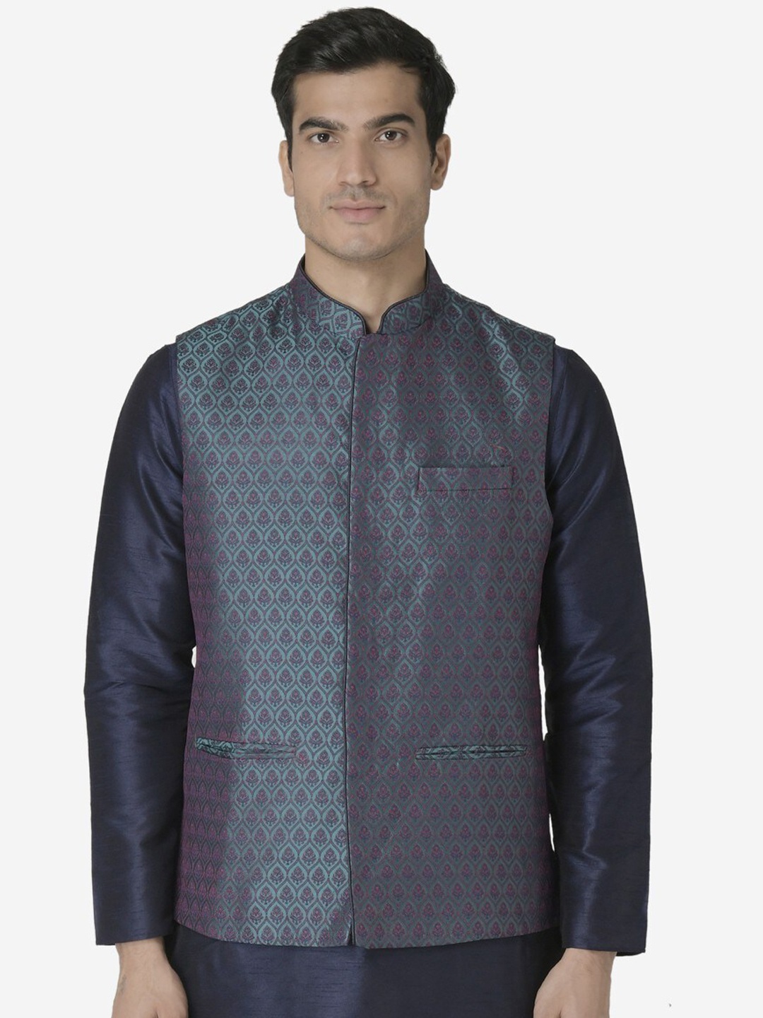 

TABARD Ethnic Motifs Printed Mandarin Collar Ethnic Nehru Jacket, Green