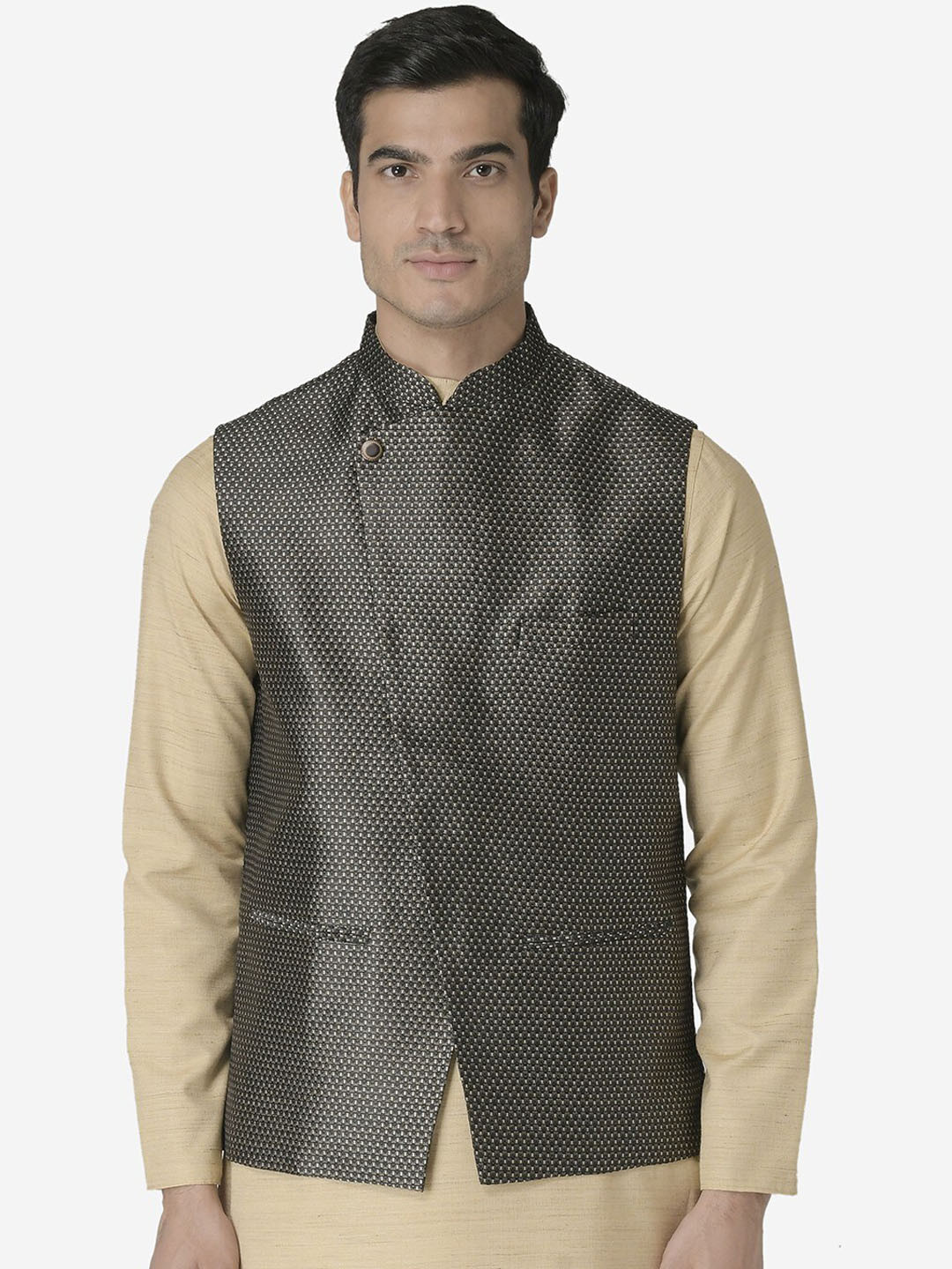 

TABARD Printed Nehru Jacket, Black