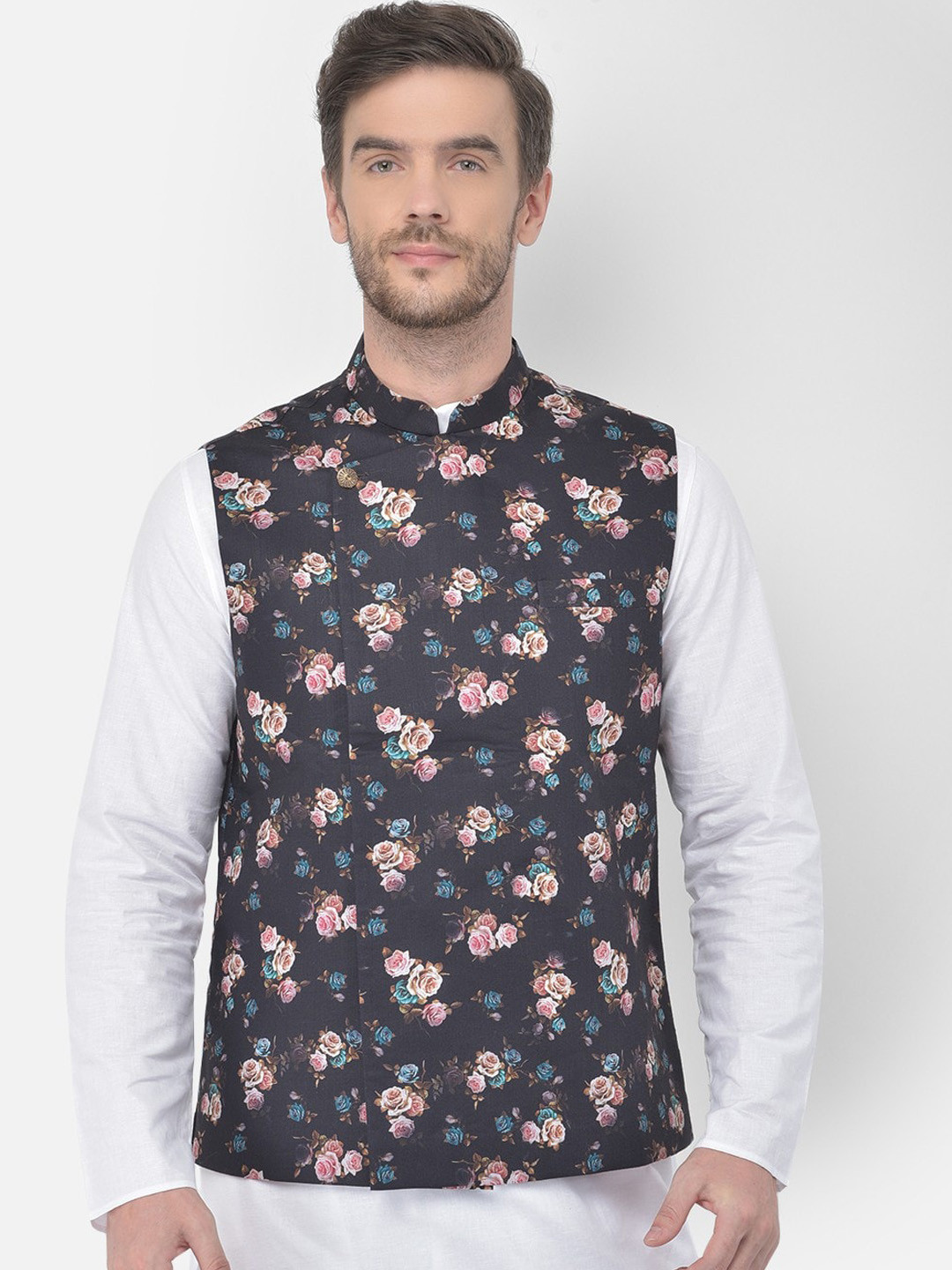 

TABARD Floral Printed Cotton Nehru Jacket, Black