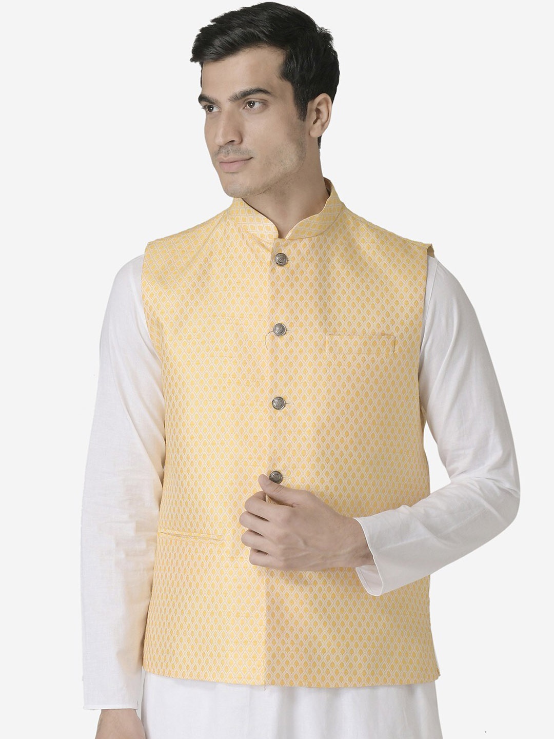 

TABARD Printed Nehru Jacket, Yellow