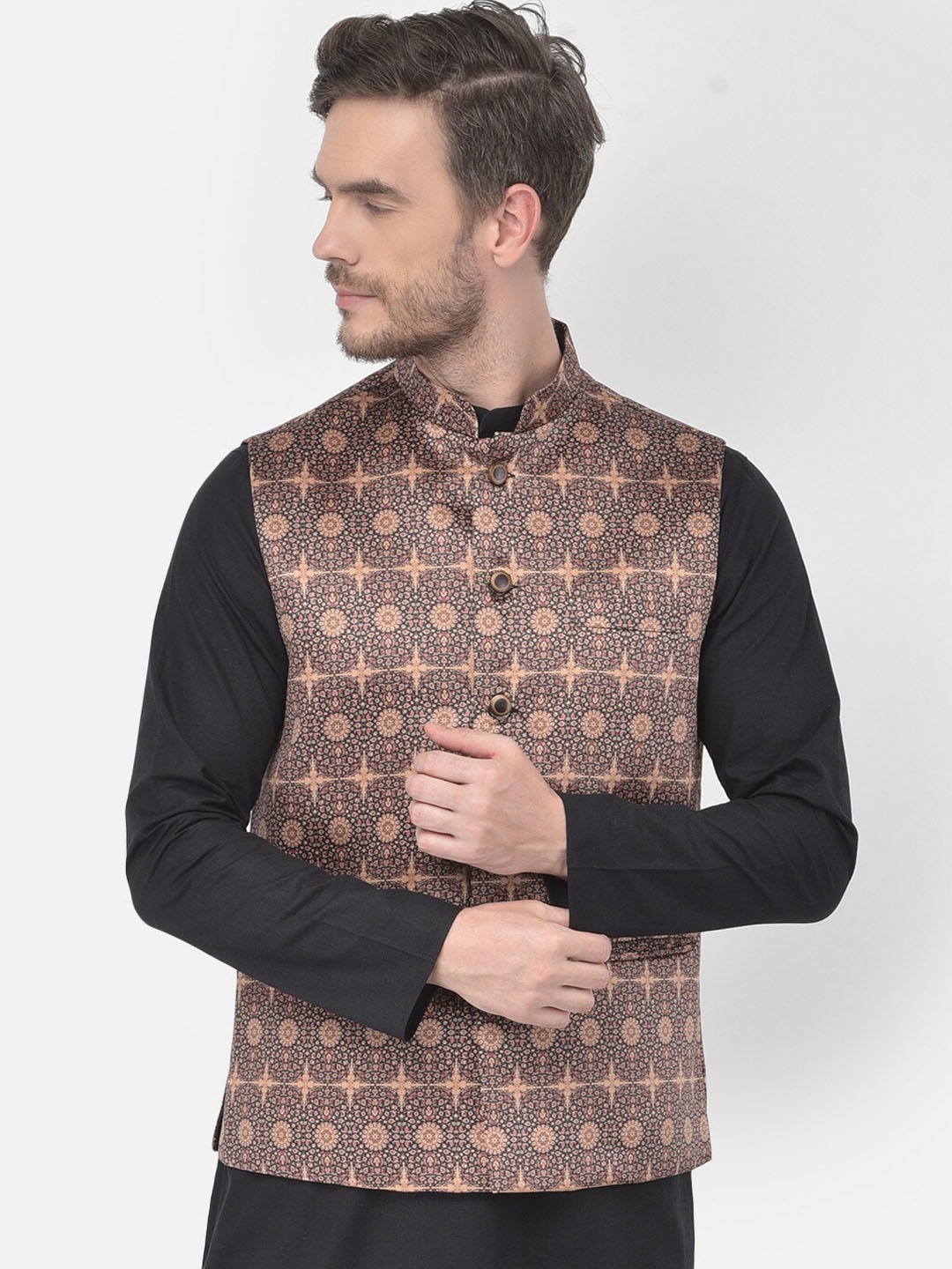 

TABARD Men Printed Pure Cotton Nehru Jacket, Brown