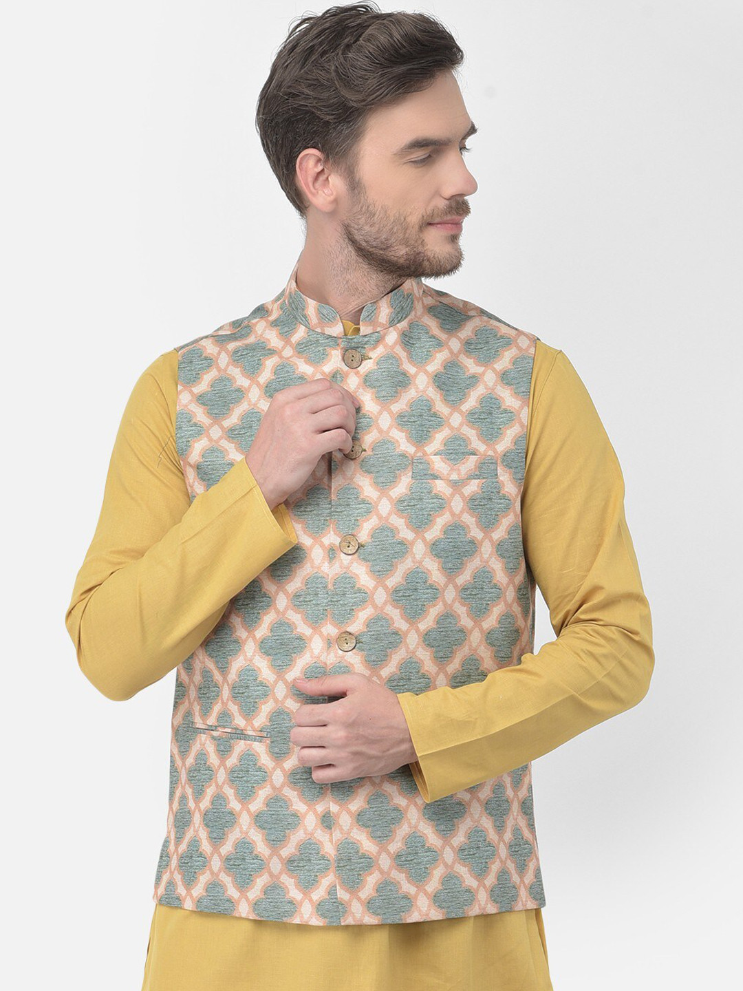 

TABARD Printed n Mandarin Collar Pure Cotton Nehru Jacket, Green